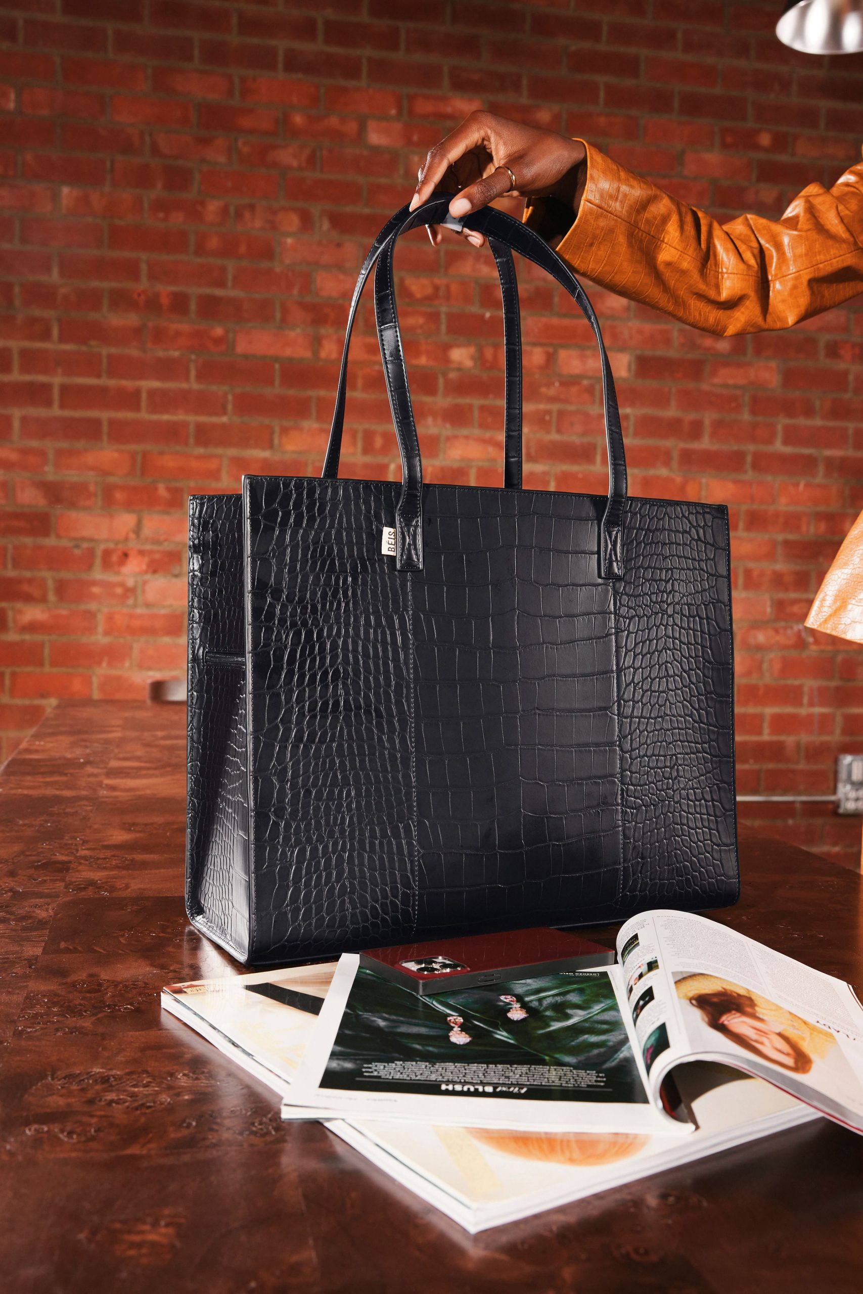 The Large Work Tote in Black Croc - Image 2